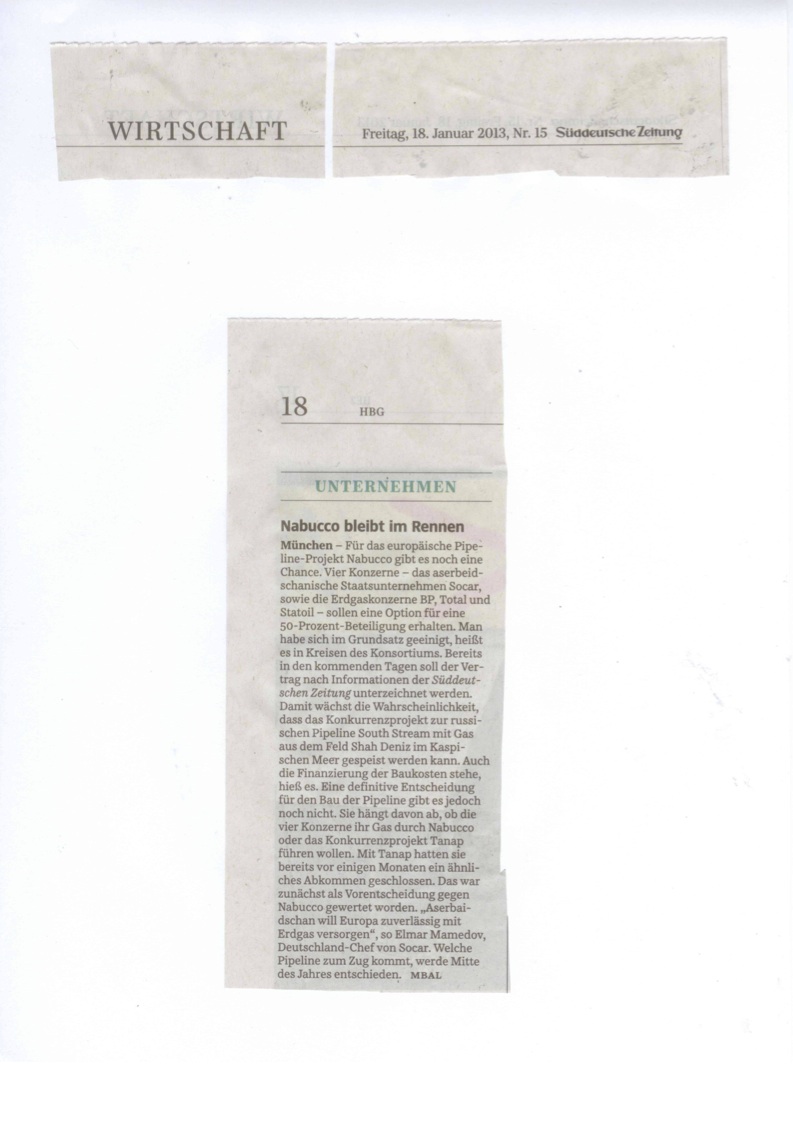 Pressemeldung SZ vom 18.01.2013 / Nabucco, SOCAR, Mamedov
